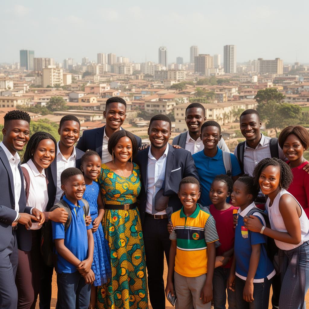 Diverse, smiling Accra residents with the city behind them