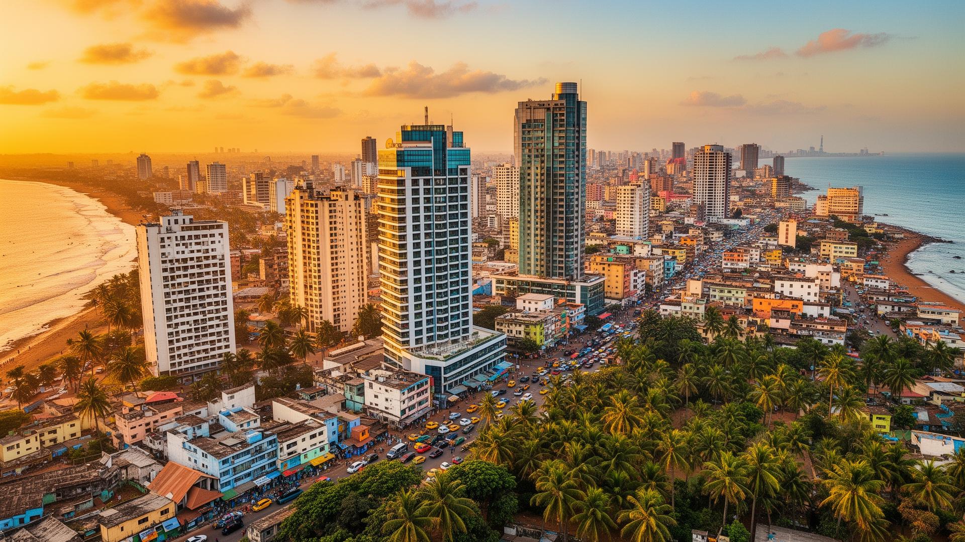 Accra city skyline at golden hour along the coast